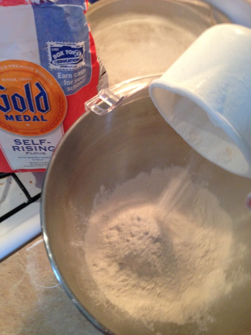 In your large mixing bowl, put in your Self-Rising flour.
