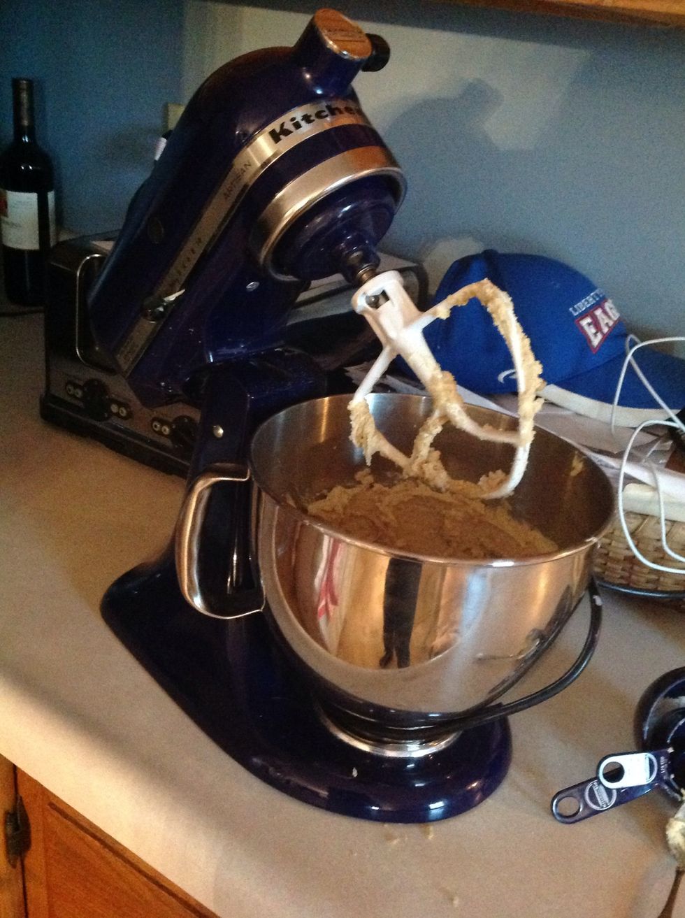 in your mixer, beat in 1 cup (2 sticks) butter, 3/4 cup sugar, 3/4 cup brown sugar, and 1 teaspoon vanilla extract until you get a creamy mixture.