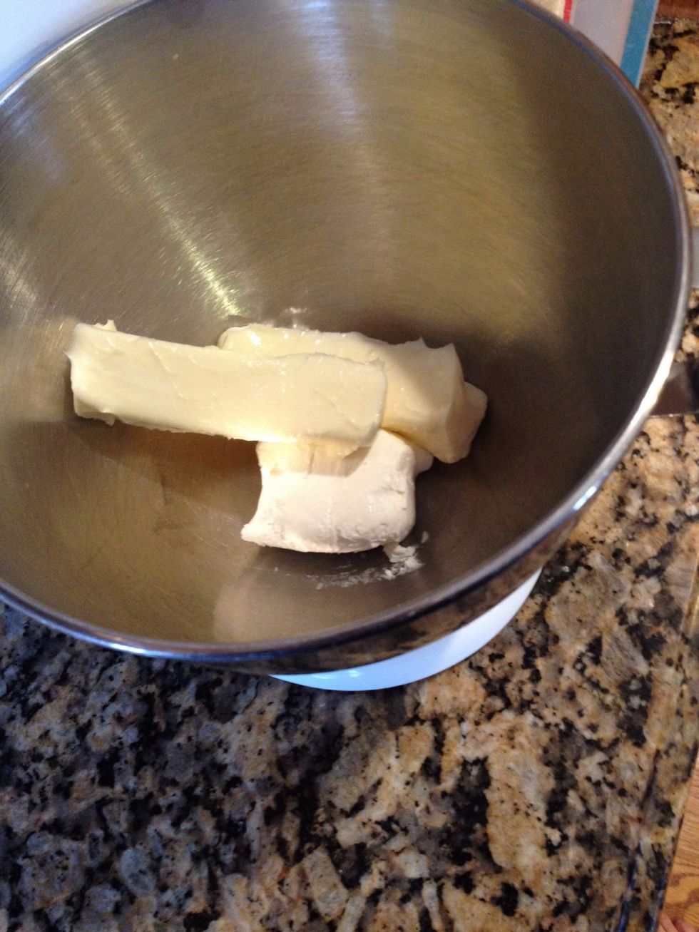 In your mixer, cream together 2 sticks softened butter and 3 ounces softened cream cheese