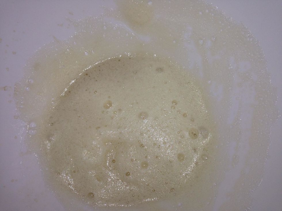 In your other large bowl, combine the egg whites and Vanilla extract. Continue to beat until it has a frothy consistency similar to the image above.