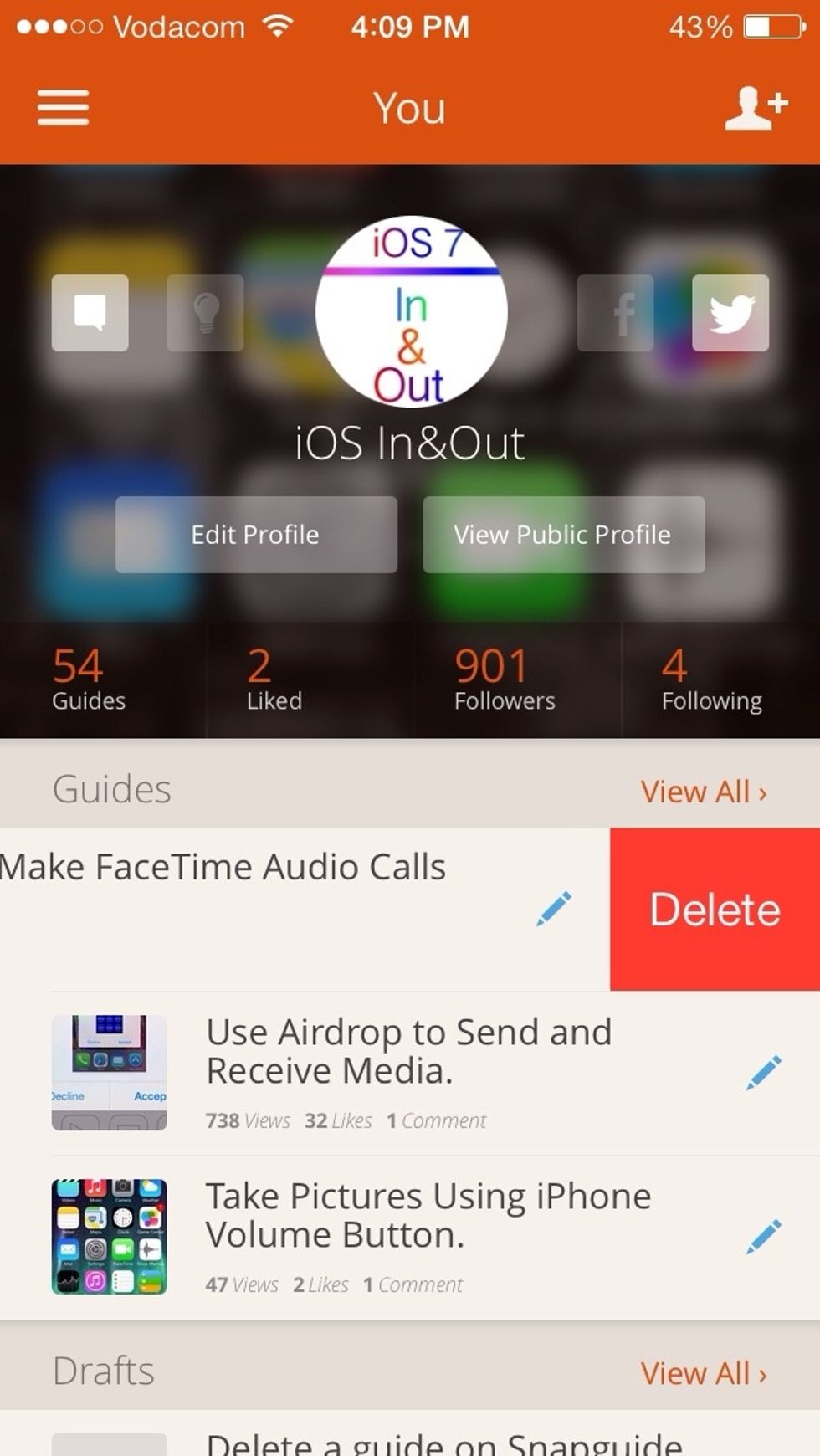 In your profile swipe from right to left on the guide you want to delete and tap Delete.