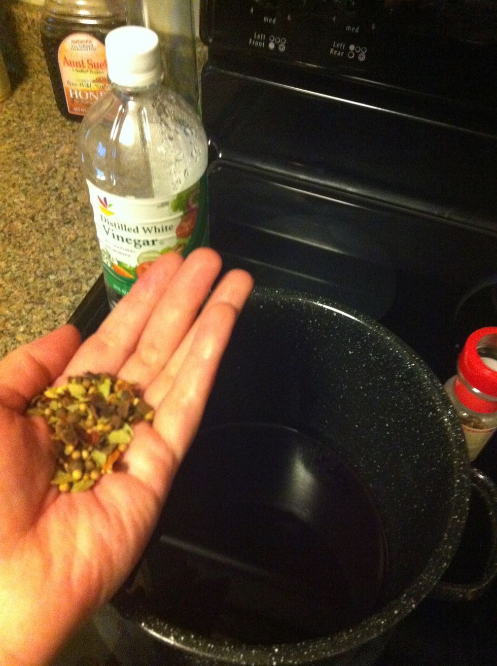 In your reserved beet water, add 2 tbsp pickling spice and three shot glasses of vinegar. Bring to a boil.