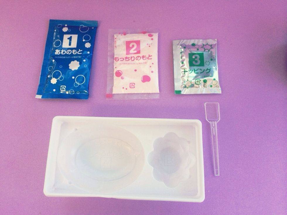 Included Items: BLUE Packet 1, CLEAR PINK Packet 2, SILVER GREEN Packet 3, Tray and Spatula-You will also need to have water