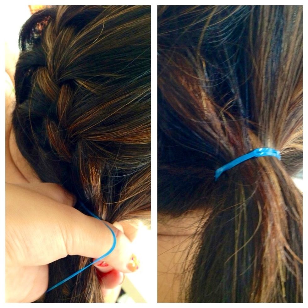 Including the braid, tie a small hair elastic around your hair to create a side pony tail.