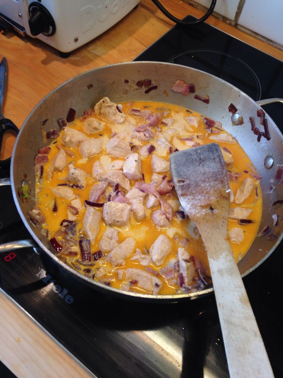 Increase the temp (8/9) and let the solution boil off and become thick and creamy