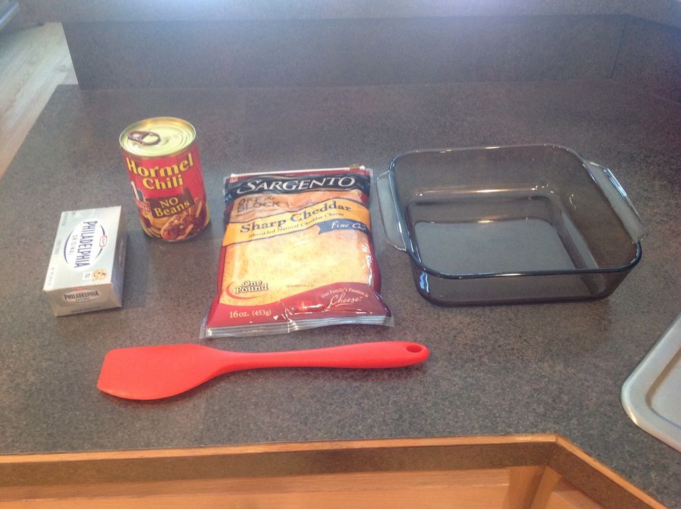 Ingeredents: \u20221 box of cream cheese \u20221 can of no bean \u2022Cheddar cheese \u20228x8 pan -spatula