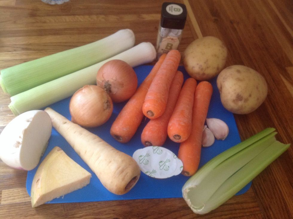 Ingrediants. You can add whatever vegetables you like. Along with the carrots, I used parsnip, turnip, sweede, celery. This is a big batch it serves 6-8 people. Half the ingredients for smaller amount