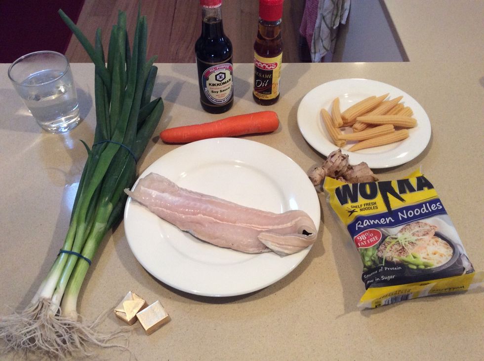 Ingredients  -180g noodles -2 teaspoons vegetable stock power -2cm piece of ginger  -2 tablespoons of soy sauce  -1/2 teaspoon sesame oil  -3 green onions  -large carrot -300g of fish of choice