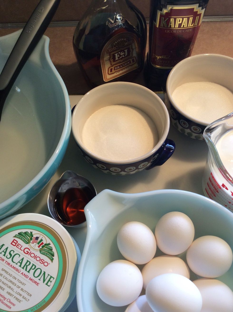 Ingredients: 9 egg yolks, 3/4 cup sugar, 2 oz brandy, 1 lb mascarpone, 2 cups heavy cream, another 3/4 cup sugar, a tsp of pure vanilla extract, 2 pkgs of lady fingers and coffee liqueur.