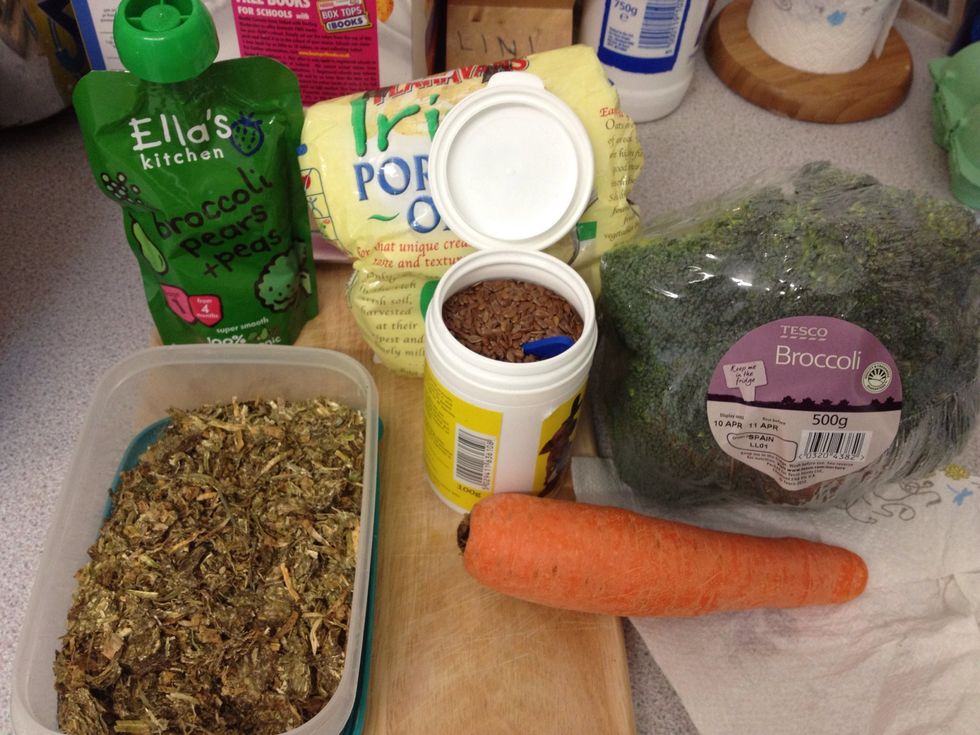 Ingredients: alfalfa fines are simply what's left when you finish a bag of alfalfa bales. You can buy oats and linseed in health food shops. Remember, bunny is VEGAN- so no milk or yogurt!