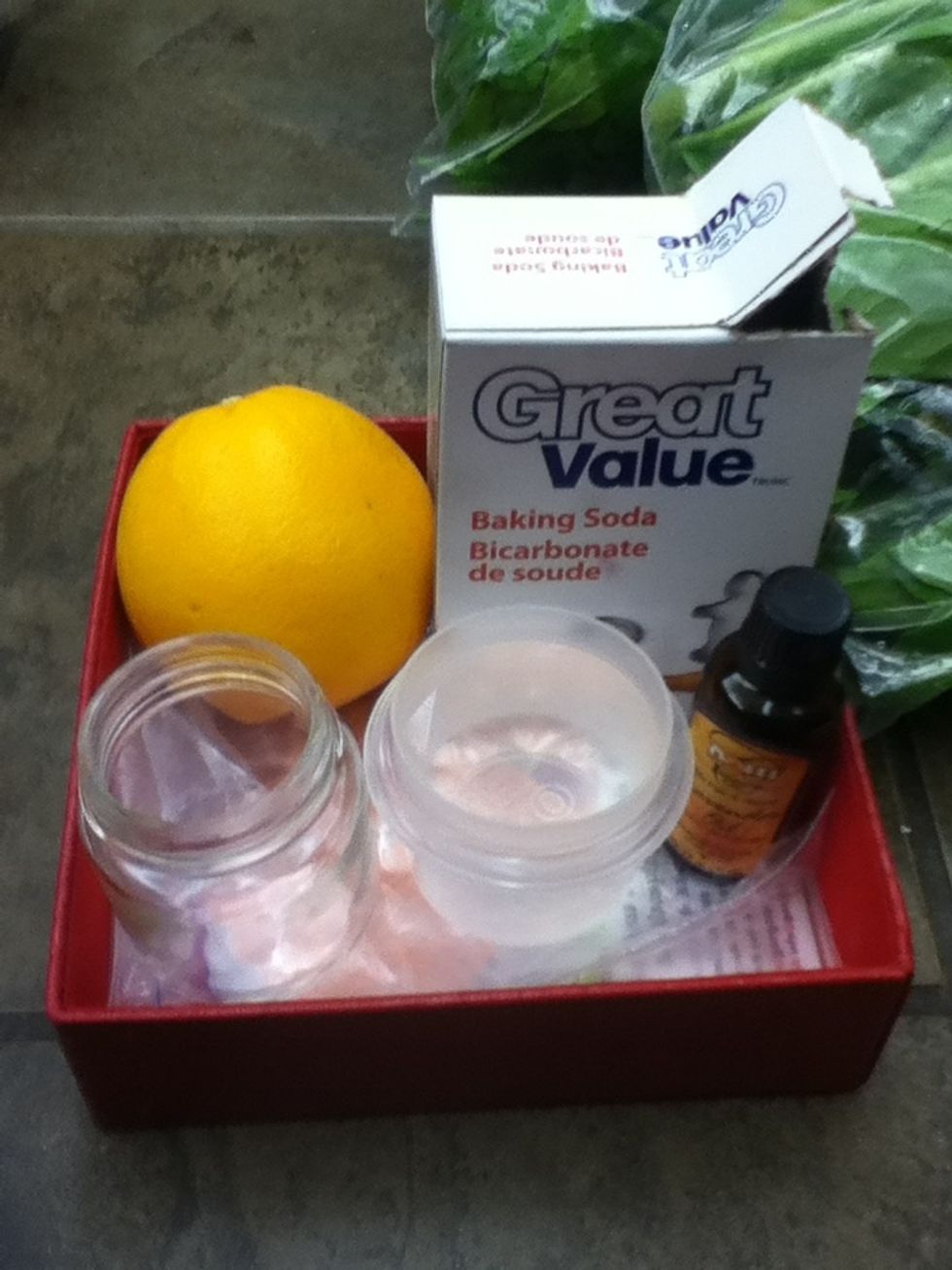Ingredients baking soda, water, container with lid, (optional)essential oil random orange:)
