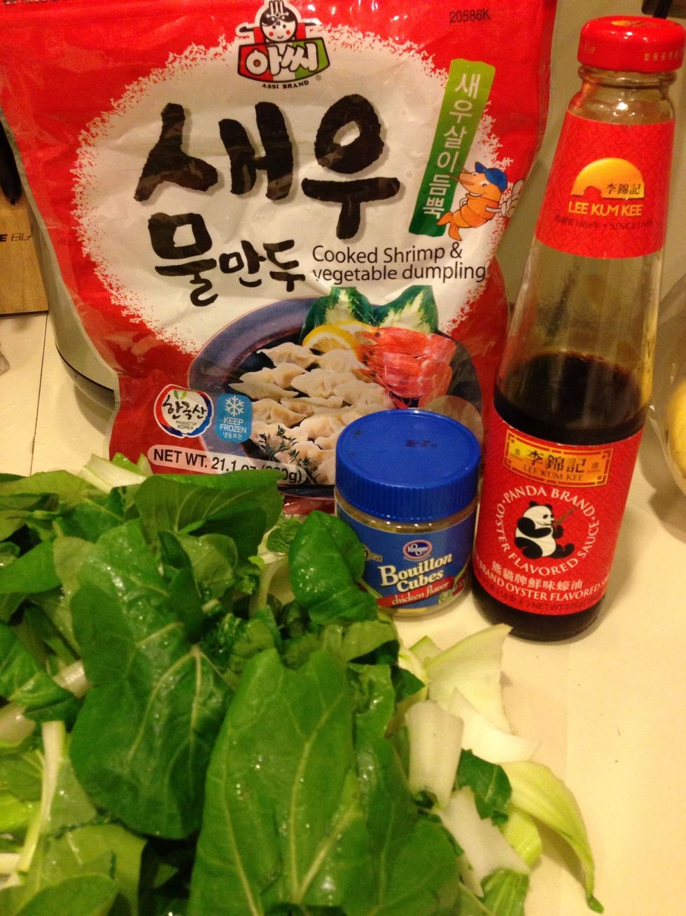 Ingredients: beef or chicken bouillon cubes, oyster sauce, bok choy and won ton of choice.