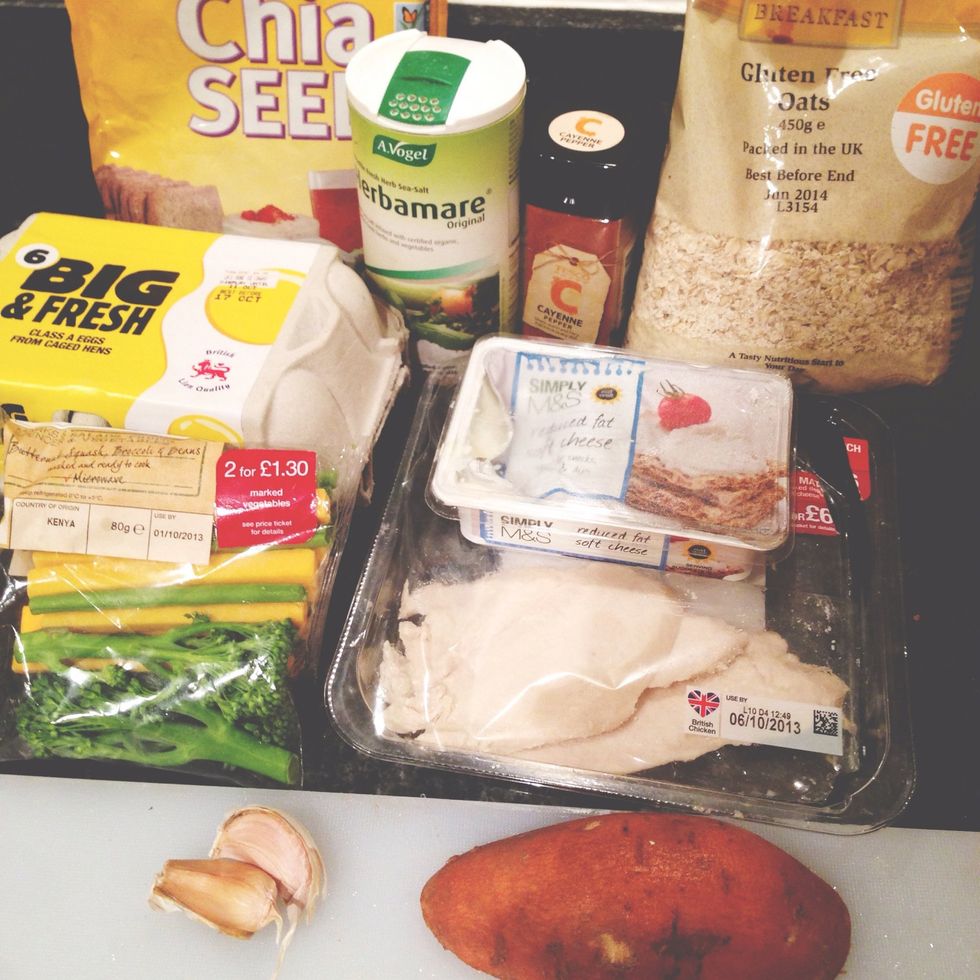 Ingredients: Chia seeds, oats (processed), 1/2 sweet potato, roasted chicken, broccoli, butternut squash, Low fat cream cheese, egg, cayenne pepper, Herbamare, garlic,your favorite sauce(I used salsa)