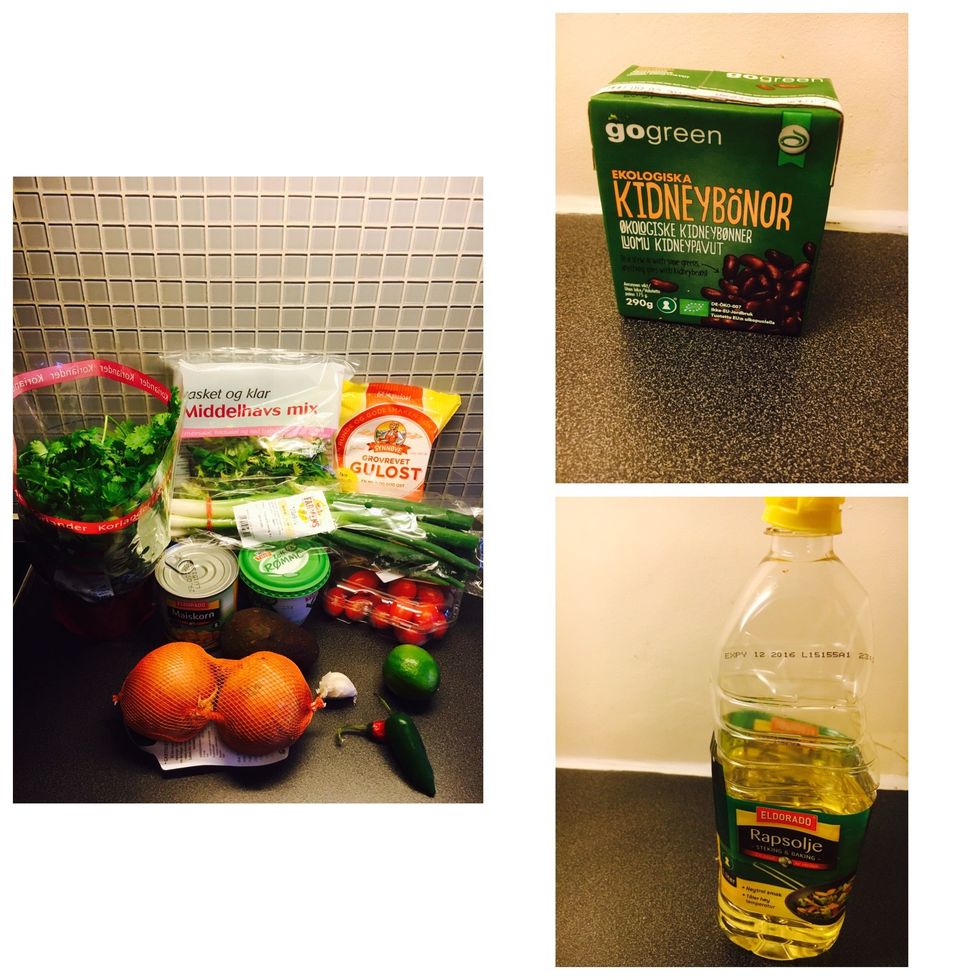 Ingredients cont.: coriander, onion, tomatoes, avocado, lime, green chili, red chili, light shredded cheese, light sour cream, kidney beans, corn, oil, spring onion(salad as a side - optional), garlic