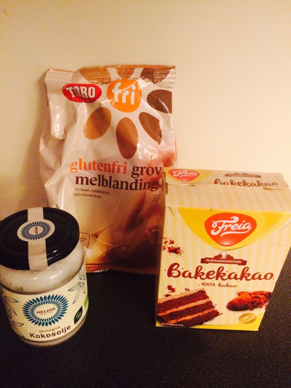 Ingredients continued: coconut oil, cacao powder, gluten free flour (whole wheat)