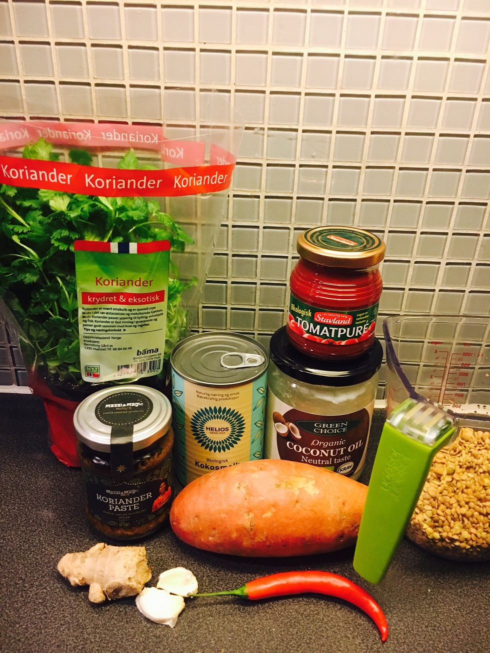 Ingredients: cooked lentils, sweet potato, ginger, garlic cloves, red chili pepper, coconut milk, coriander paste, tomato pure, fresh coriander