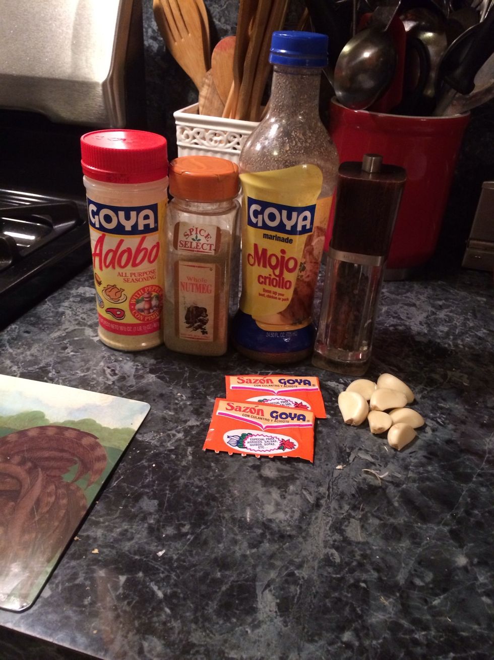 Ingredients: don't forget the sofrito I forgot to take a pic!\ud83d\ude12 oh & disregard the picture of the nutmeg. I use the empty jar to store my oregano. Sorry guys for the confusion \ud83d\ude29 I don't use nutmeg!