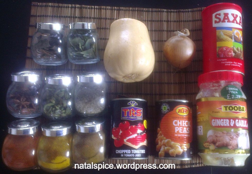 Ingredients for the butternut curry, you can add some desiccate coconut and coriander to garnish.