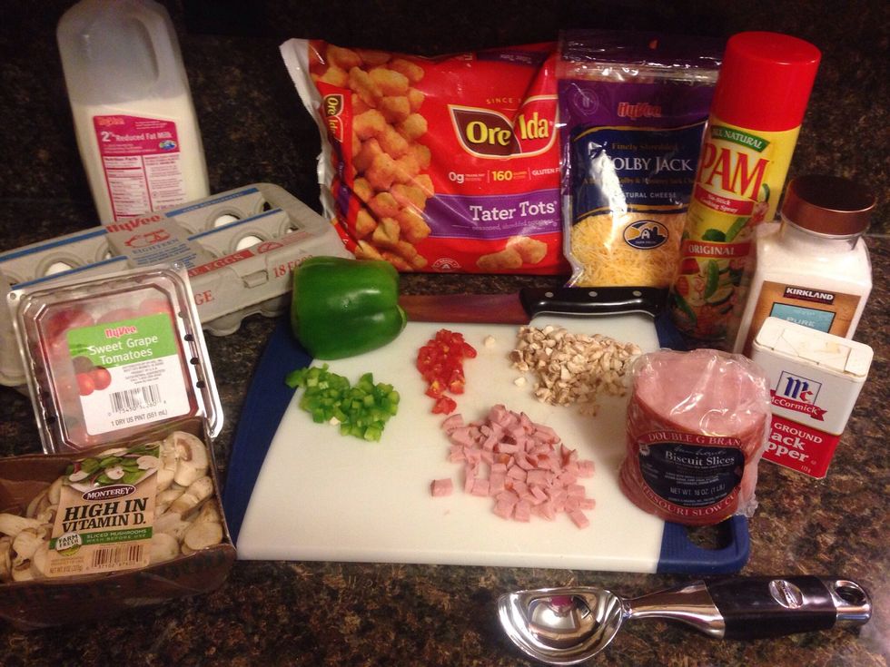 Ingredients for your omelet are completely customizable. I like green peppers, ham, mushrooms, tomatoes and cheese.