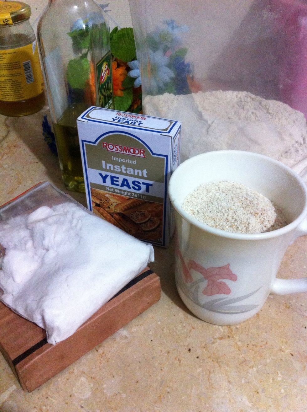 Ingredients laid out for pizza dough/base