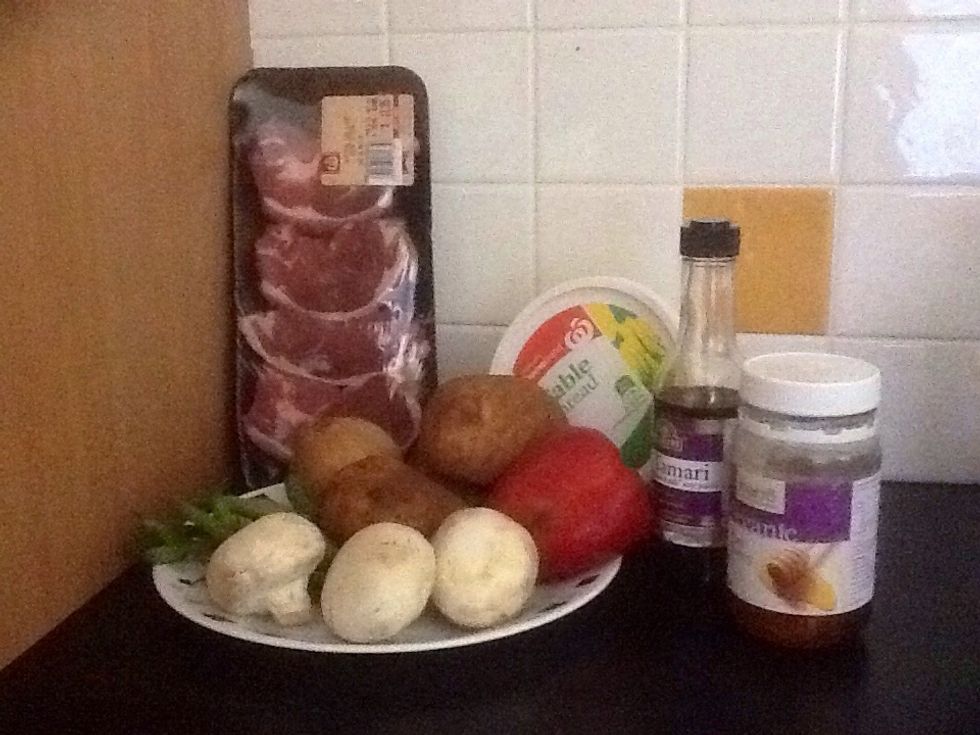Ingredients: Lamb Rump Steak, 3 Potatoes, 1 Capsicum, Butter, 3 Mushrooms, Peas in a pod, Honey, Soy Sauce