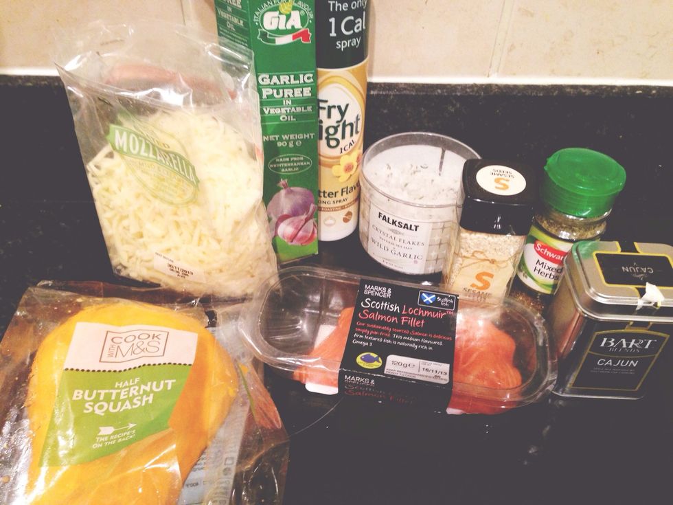 Ingredients: low fat grated mozzarella, fry light, garlic pure\u00e9, butternut squash, mixed herbs, sesame seeds, cajun spice, salmon fillet, garlic sea salt