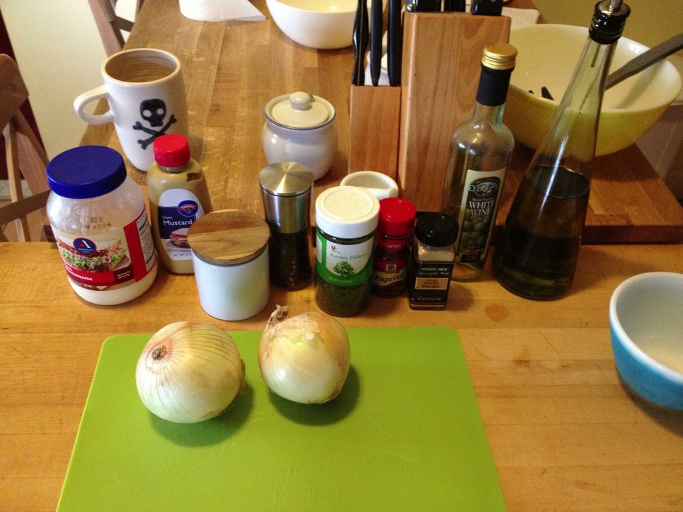 Ingredients. Potatoes and chives not pictured. (Don't worry, the cup contains coffee, an extremely diluted poison, which is not used in this particular recipe.)