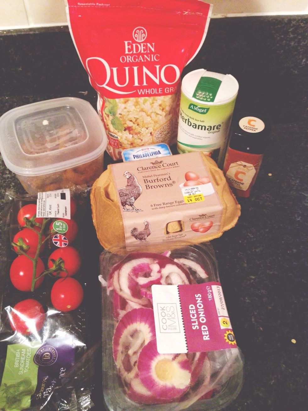 Ingredients: Quinoa (cooked) Extra light Philadelphia 3 tomatoes Red onion Meat or fish Herbamare Cayenne pepper 1 egg, fry light butter.