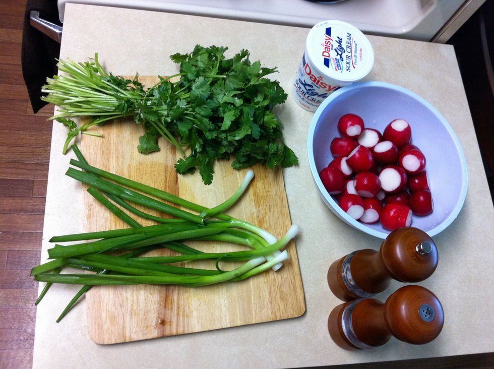 ingredients : radishes, green onions, cilantro, sour cream,milk, black pepper and salt .