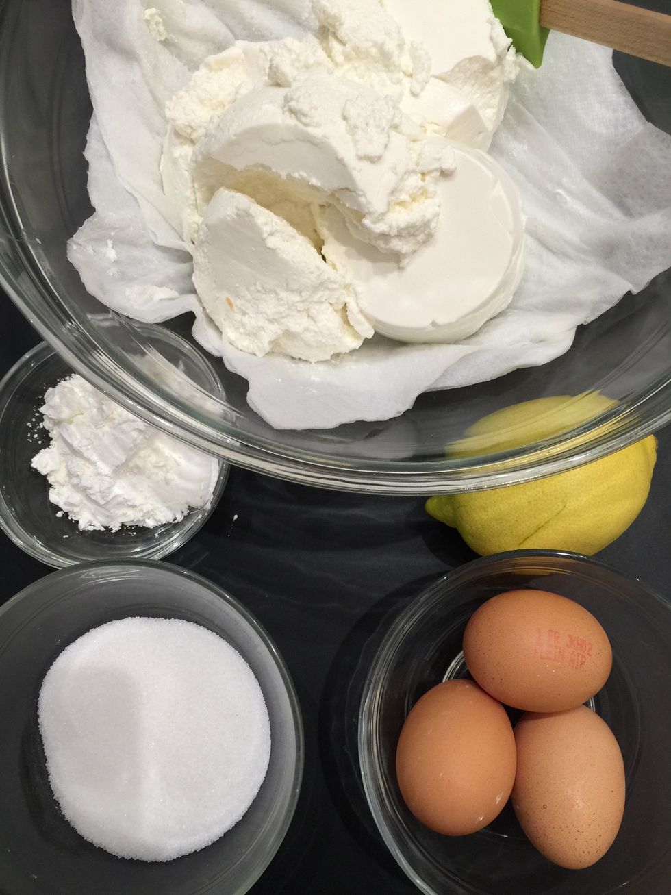 Ingredients: ricotta 1 kg, sugar 100 g, corn flour ( gluten free).. Or all purpose flour', 3 large eggs, lemon zest 1
