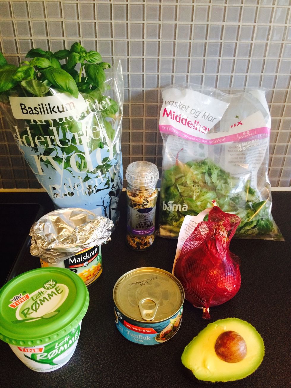 Ingredients: Salad, canned tuna, light sour cream, tomato, avocado, canned corn, red onion, basil and a choice of spice(s) (I used one with pepper and garlic).