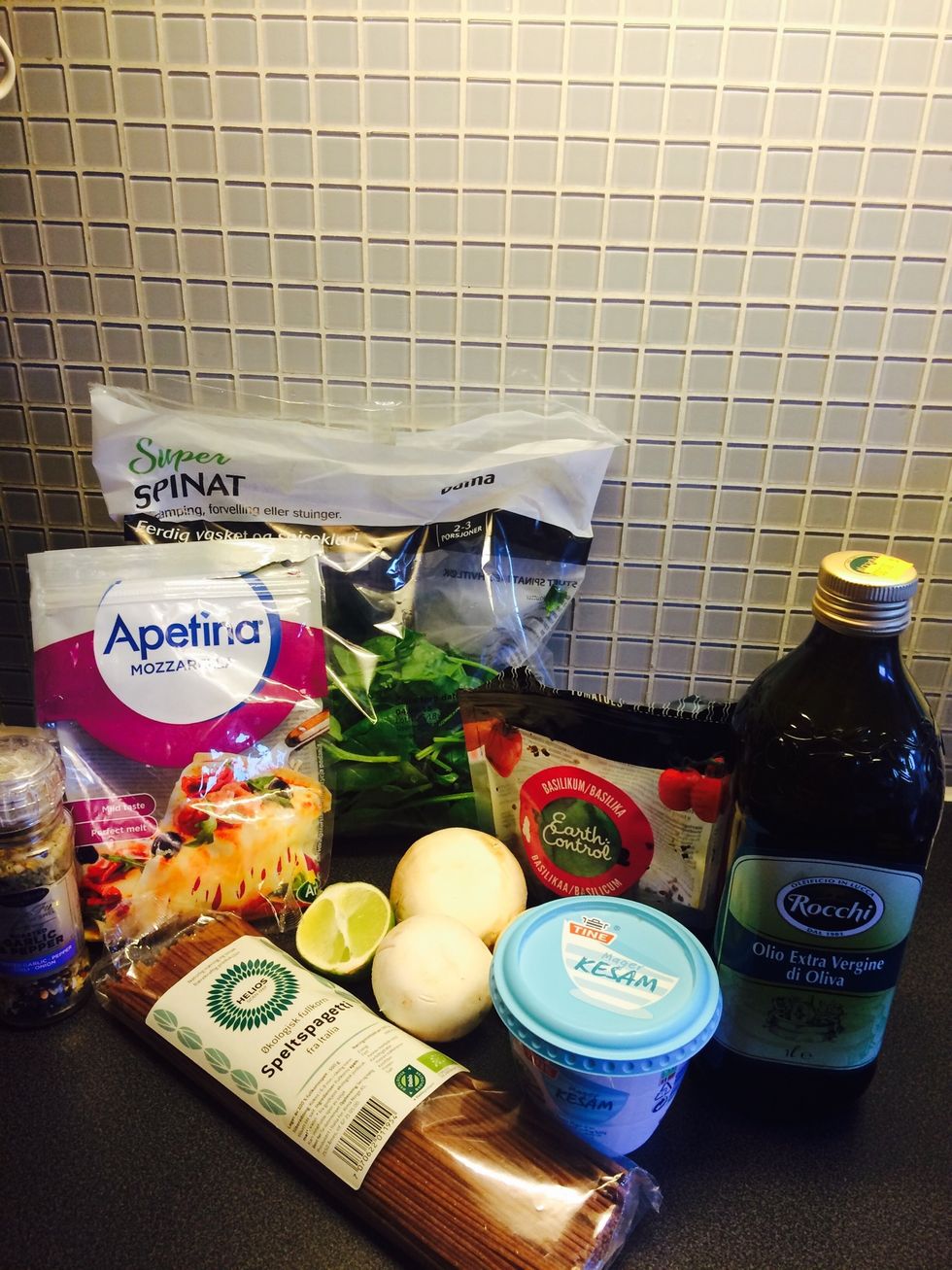 Ingredients: whole wheat spaghetti, spinach, light mozzarella, sundried tomatoes, light quark, garlic spice, olive oil, mushrooms (champignon).