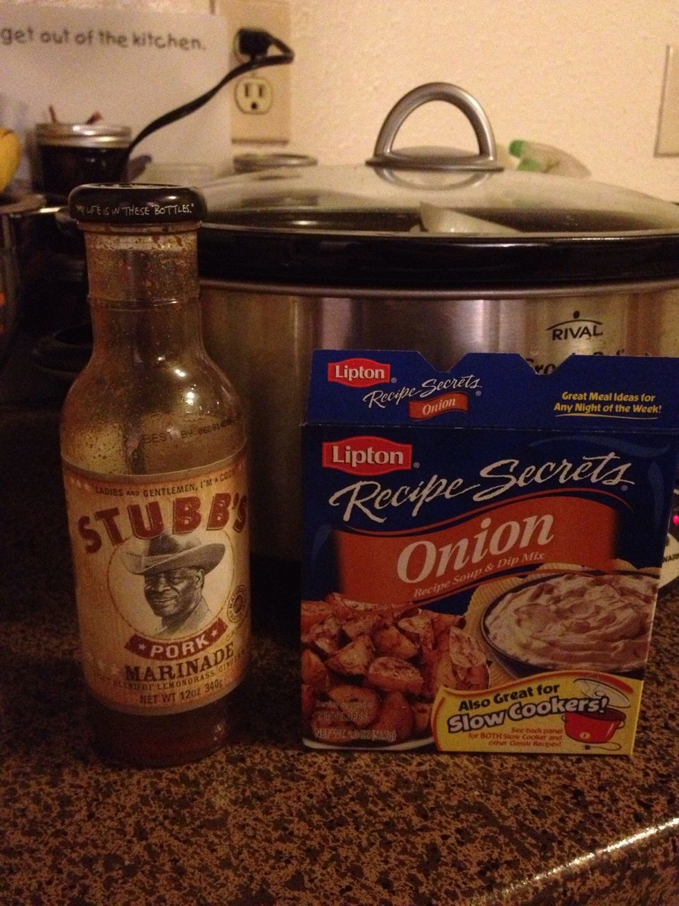 Inject your pork roast with your favorite marinade; we used Stubbs Pork Marinade & marinade in the fridge overnight. The onion soup packet will be used for seasoning later.