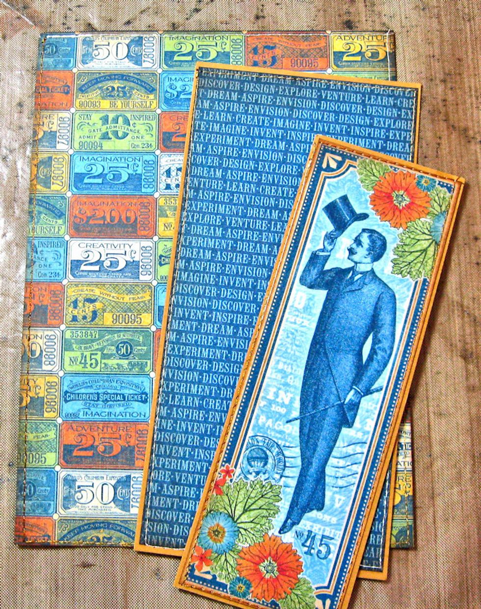 Ink all cut edges with Vintage Photo Distress ink. Cut man from 12 x 12 Wonder Works. Mat. Cut Cut 8x8 Ticket to Ride to measure 3" x 6.25". Mat. Cut Ticket to Ride to measure 4 7/8" x 6 7/8". Mat.