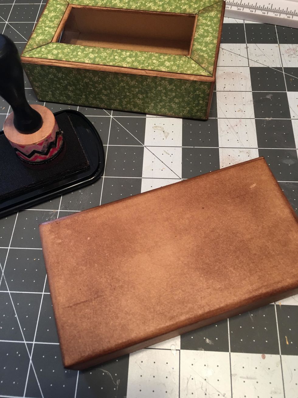 Ink the bottom of the inside tray. Do not pattern with paper as that might make it hard to slide the tray in and out of the box.