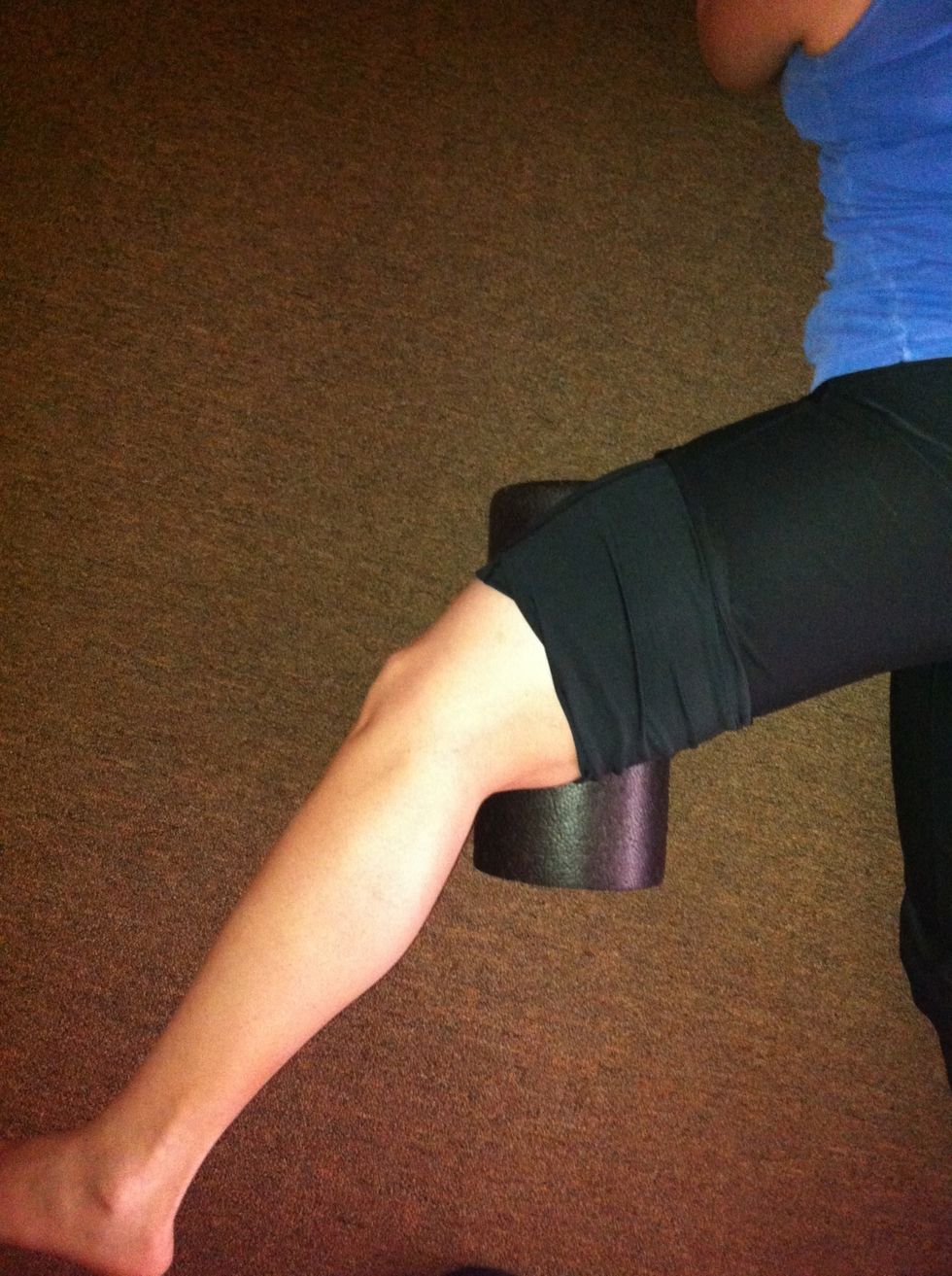 Inner thigh. Super sensitive. Unattended IT BAND tension travels around the knee cap up the inner. Causing inner knee pain. Roll from groin down to inner knee.