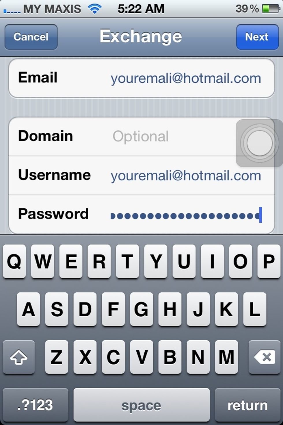 Input your hotmail address under "Email" and "Account" field. Input your password under "Password" field ('duh!'). Then click "Next".