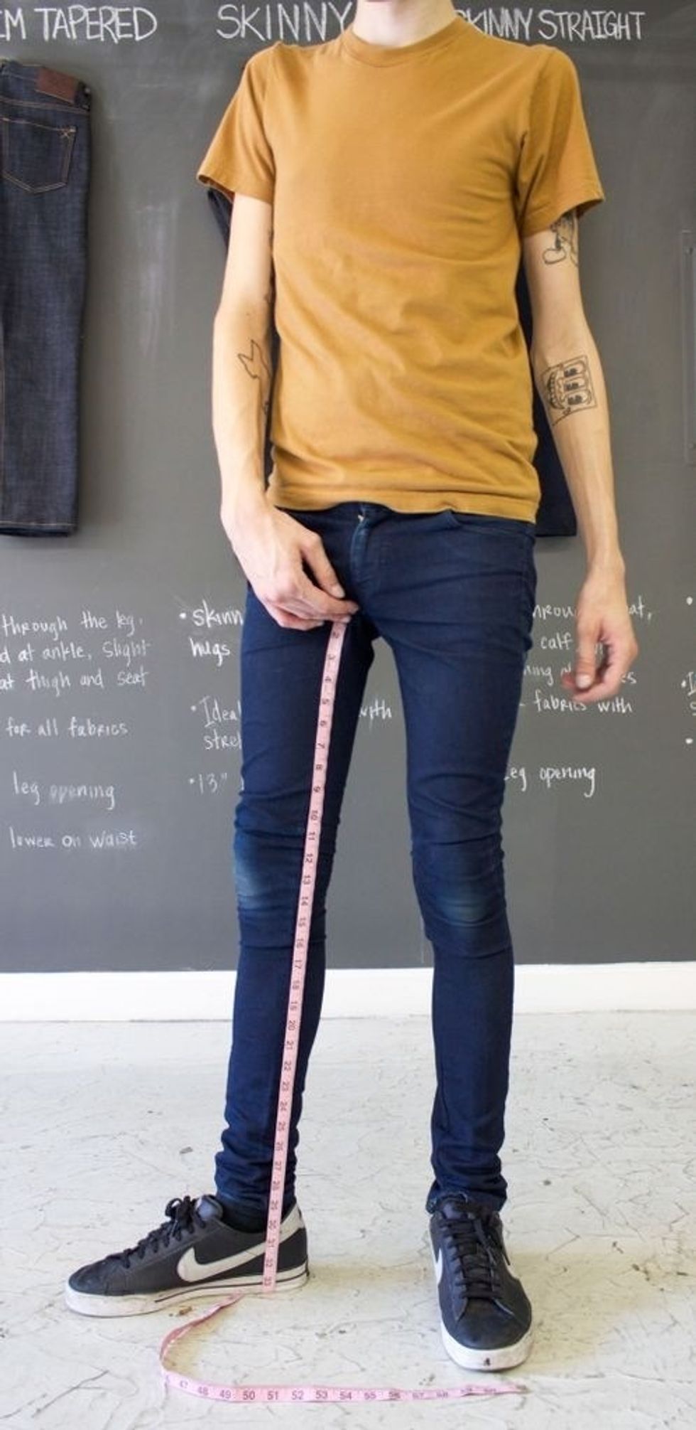 Inseam - Top view - Pull your pants all the way up and place the measuring tape where all the seams of your pants meet. Then measure all the way down to the bottom part of your ankle bone.