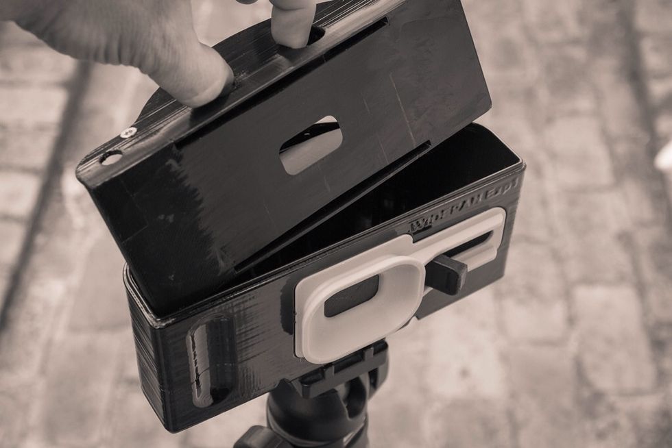 Insert curved film plane into main body. Note: shutter and lens shade mechanism contain 3mm magnets to hold shutter open and closed.