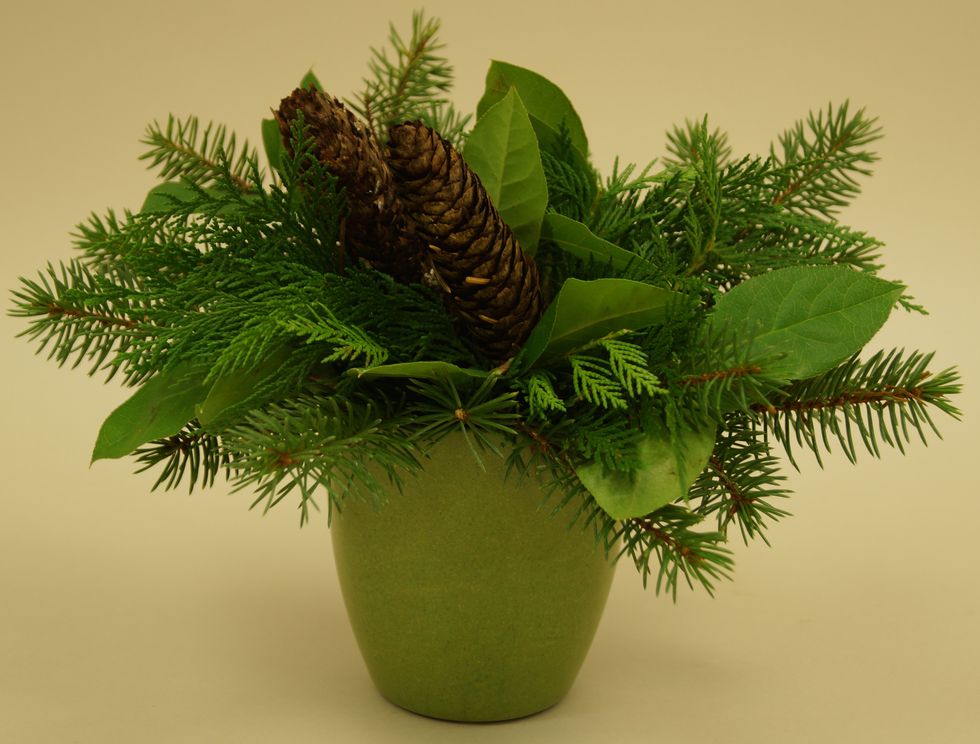Insert mixed greens and pine cones into foam.