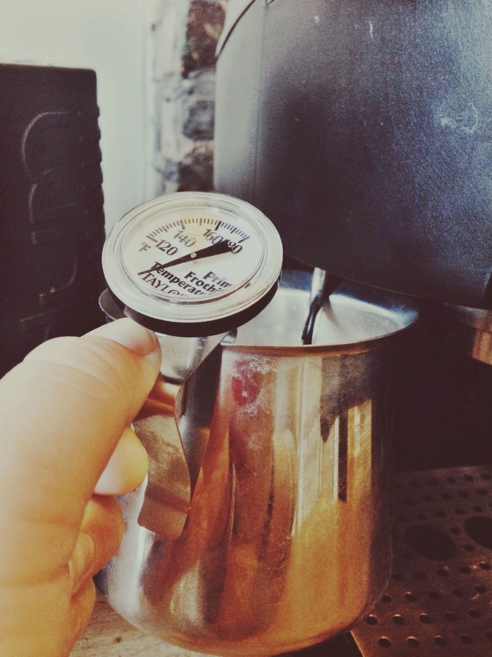 Insert steam wand directly in the center and fully submerge. Once milk reaches 120-130 degrees gently pull steam wand toward the edge of the pitcher, just above the surface of the milk.