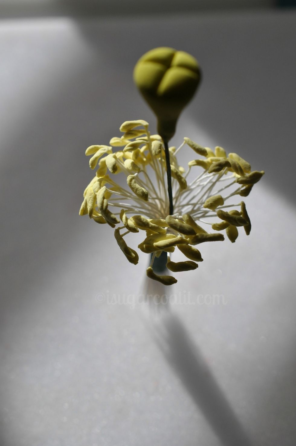 Insert the bud down the middle of the stamens by positioning the wire in the center. Pull through from the bottom using the bud wire. Arrange stamens to your liking.