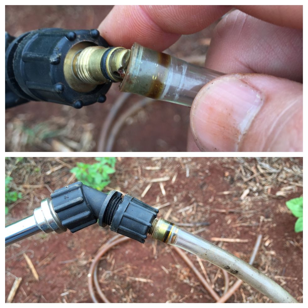 Insert tip into the 1/4" vinyl hose. Use thread on the nozzle to secure hose