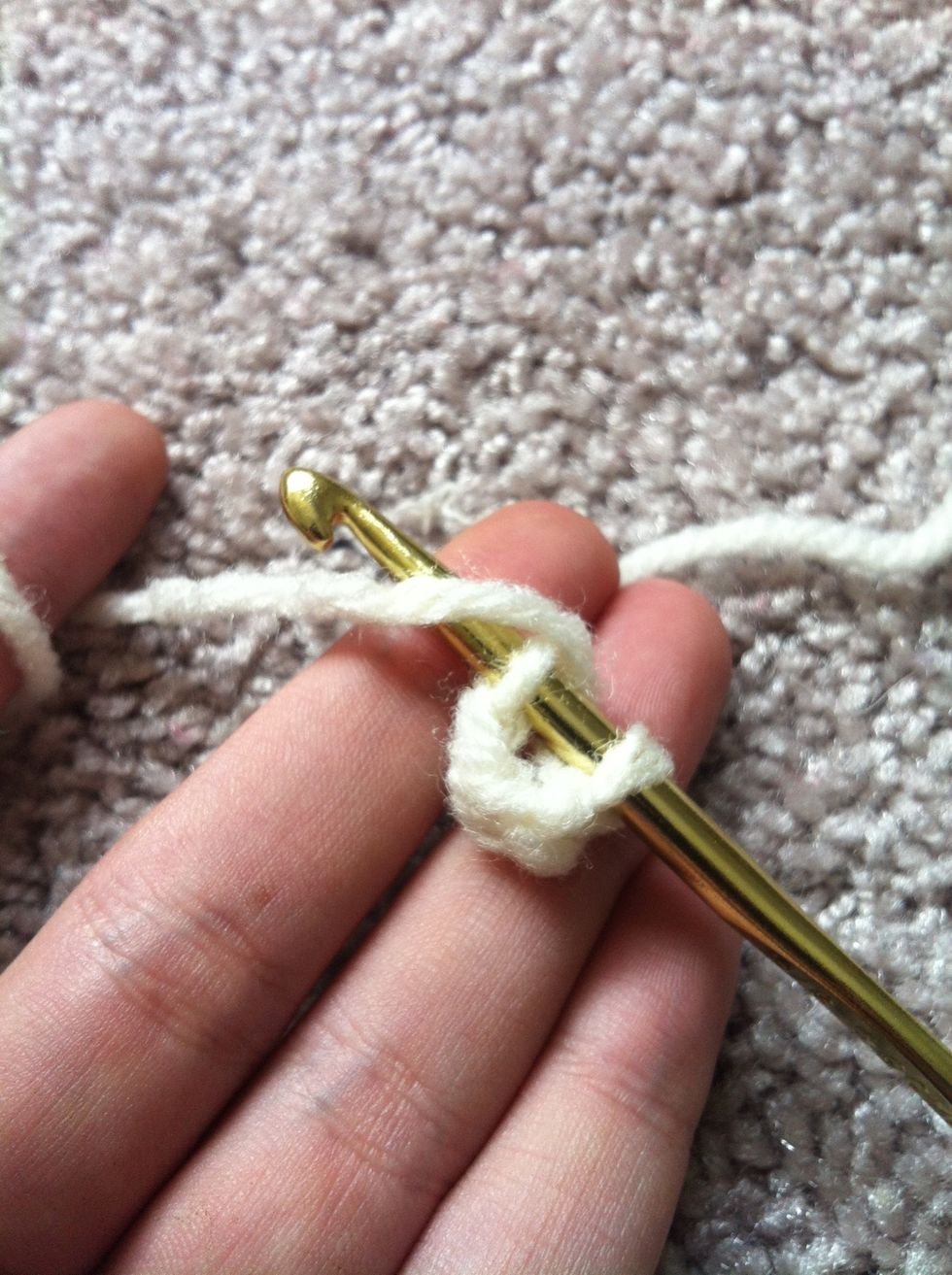 insert your hook trough the 4th chain from your hook (the very first one you made after the slip knot) and yarn around.