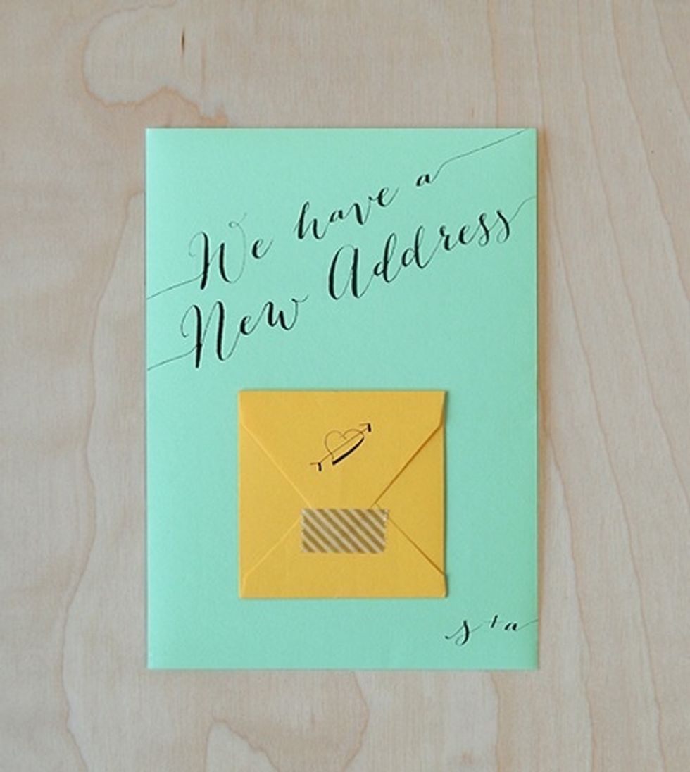 Insert your square cards into the tiny envelope, glue directly onto your finished note cards, seal with a piece of washi tape.