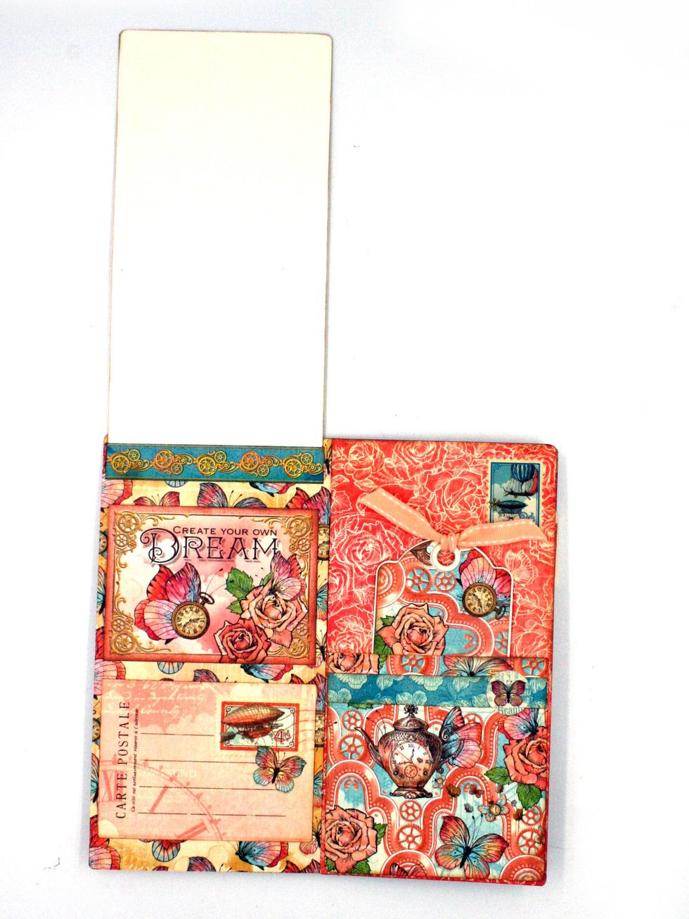 Inside cover:  Cut a piece of ivory cardstock 4 x 8 3/8", score at 1/2" at the top.  Fold at the scoreline & use Scor-tape to attach.  Add a decorative strip at the top & 2 ephermera cards.