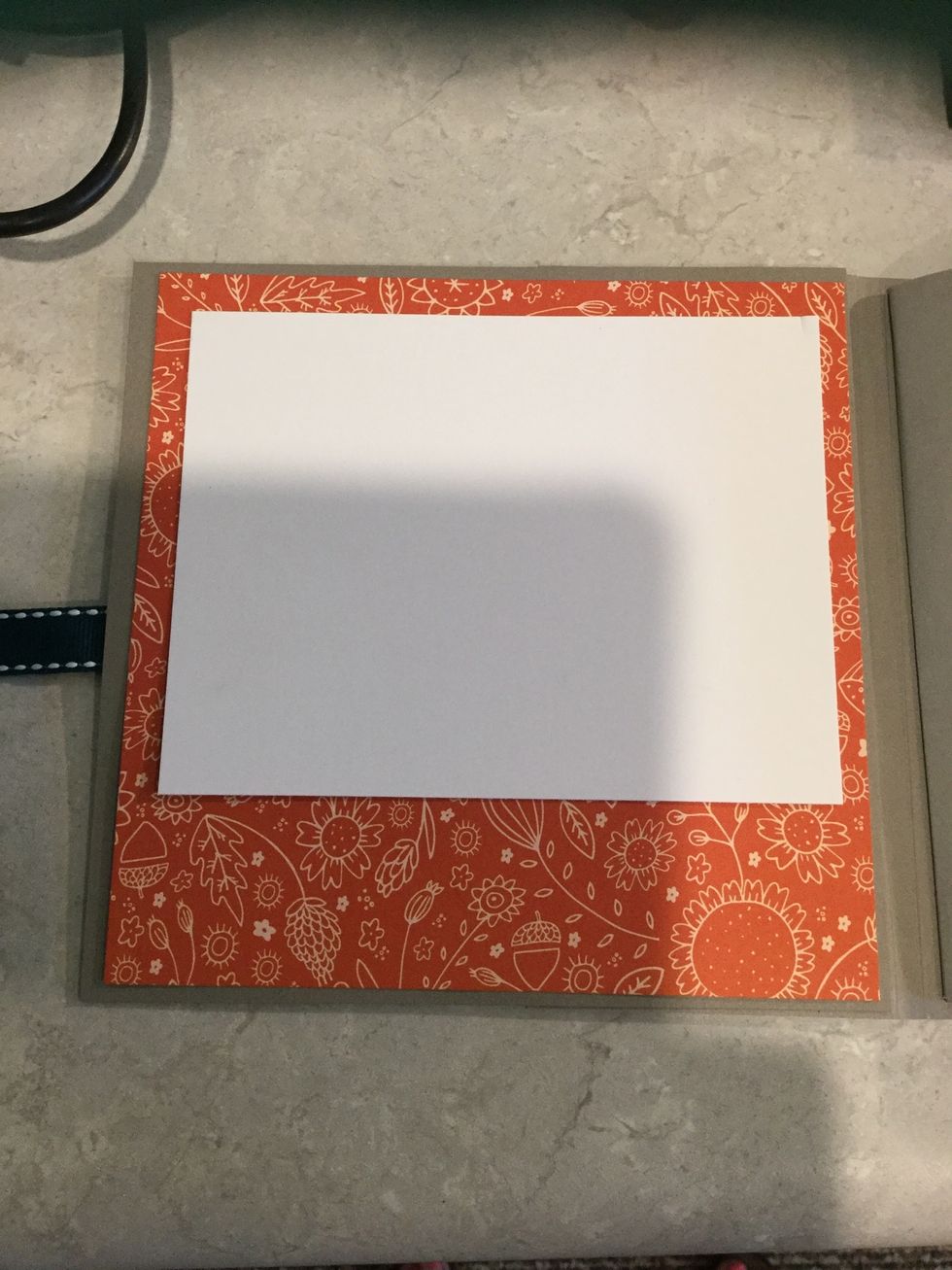 Inside front cover. Red is cut 5 3/4 square. White mat is 5 1/4 X 4. Glue!
