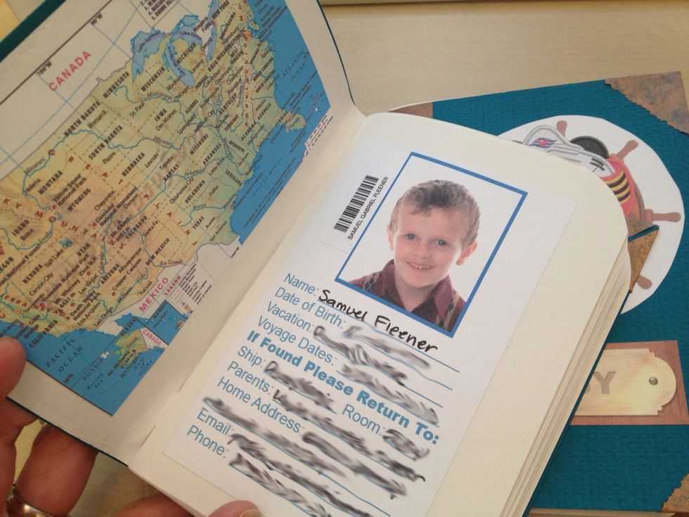 Inside the front cover I printed a US map and made a passport-like photo page! The back cover has a map of our cruise ship.