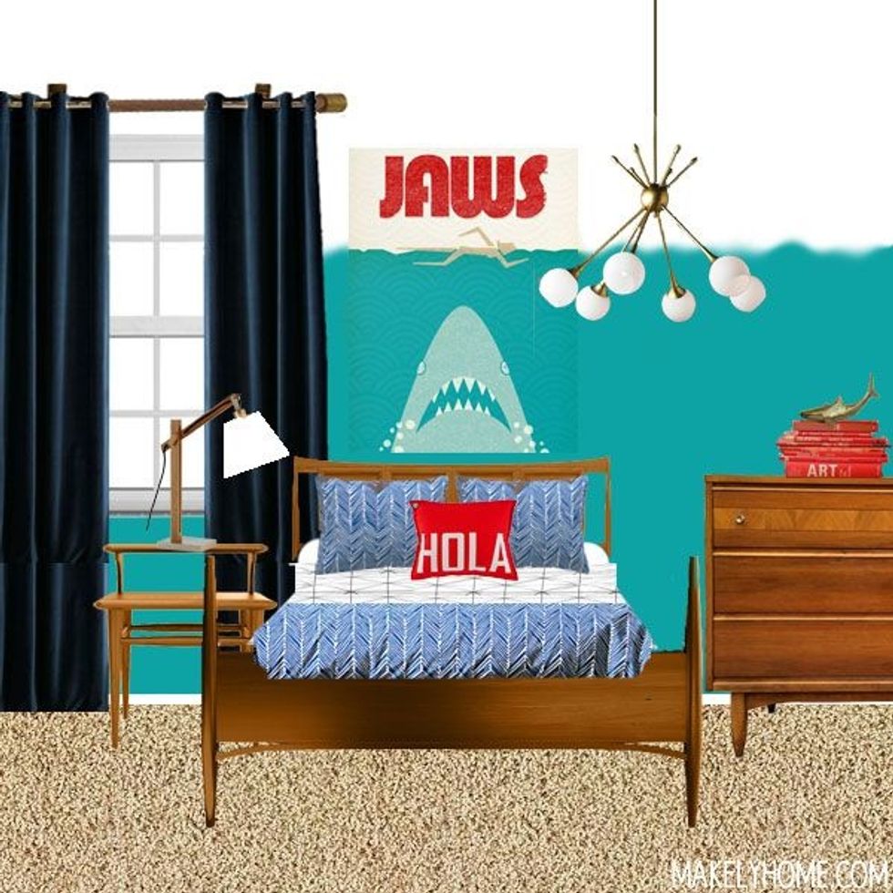 Inspired by the Jaws poster that's hanging above the bed in this mock-up of his future bedroom, I knew that jewel toned, ombre walls were a must.