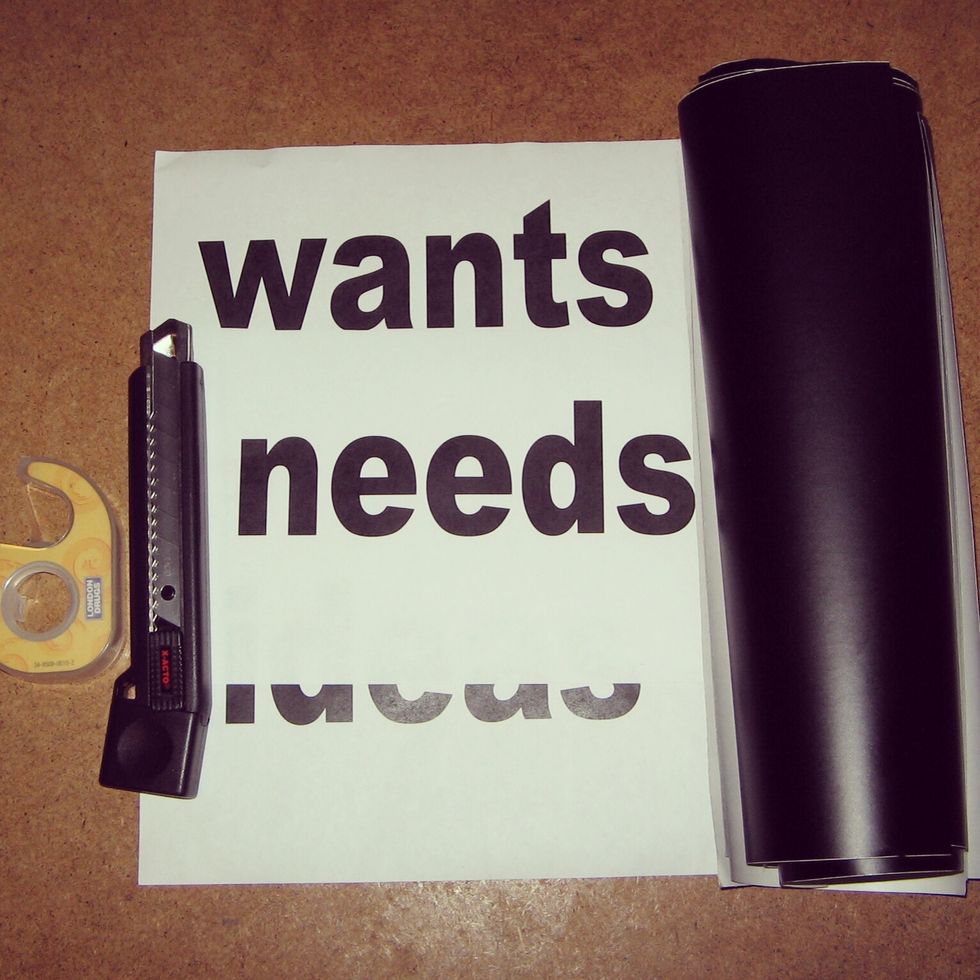 Instead of buying pricey stenciling supplies I used scrap vinyl that had an adhesive side. I designed a quick print out of my words & taped it to the vinyl then cut out the text with an Exacto knife.